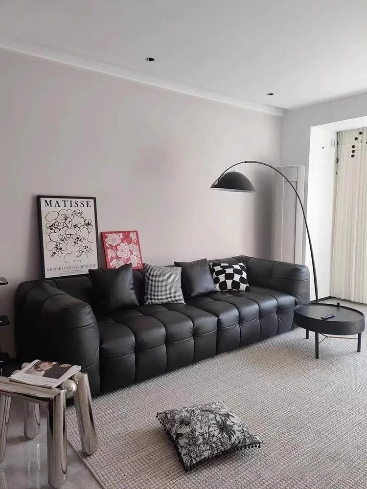 

French retro cream wind marshmallow leather sofa small apartment living room straight row Internet celebrity three-person black