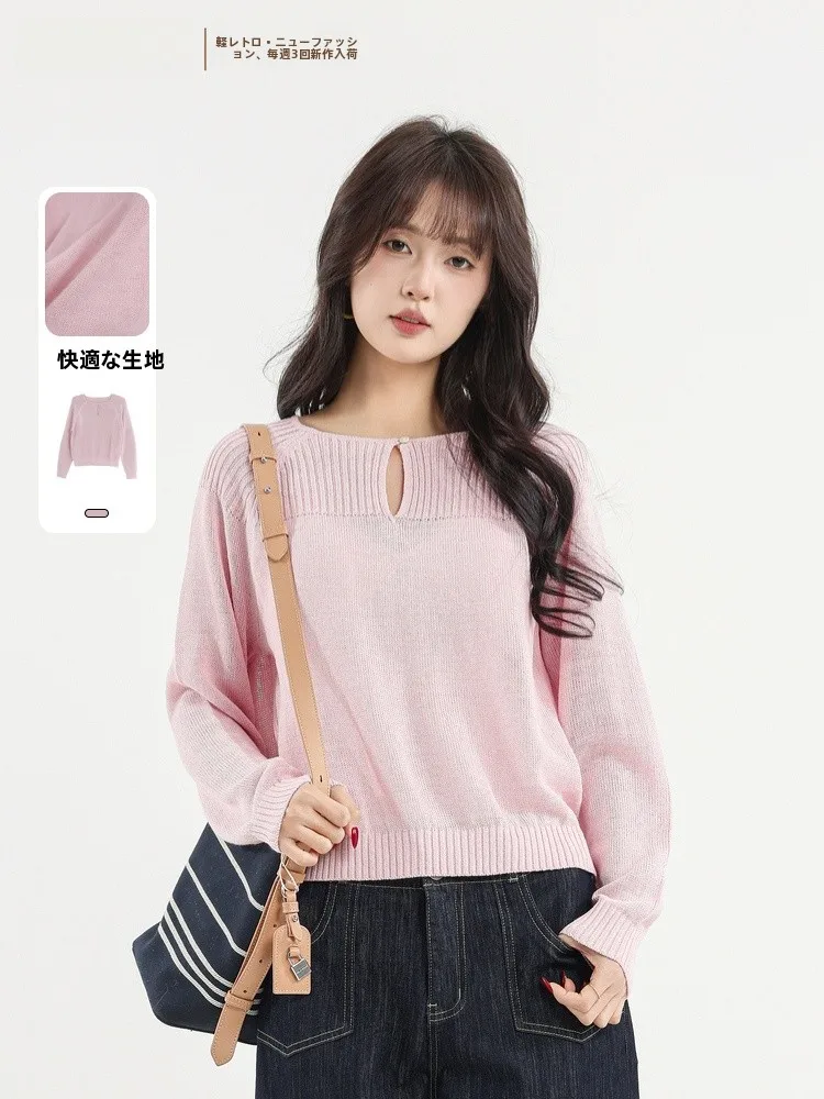 

Chic Knitted Sweater Spring 2026 New Style Korean Gentle Style Versatile Long Sleeve round Neck Cotton Blend Comfortable Fit ...