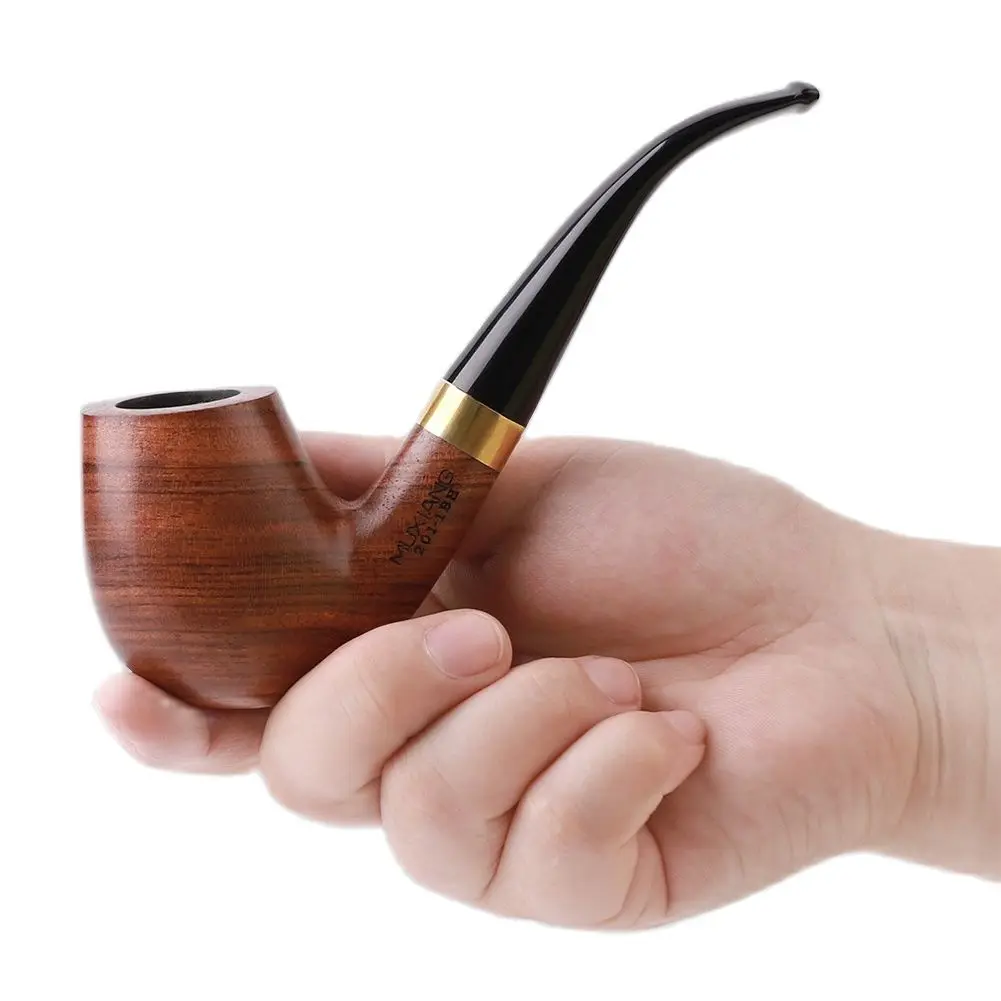 Classic Metal Ring Smoking Pipe，Flat Bottom Tobacco Pipe，Rose Wood Pipe 9mm filter，RoseWood Handmade Wooden Pipe with accessorie