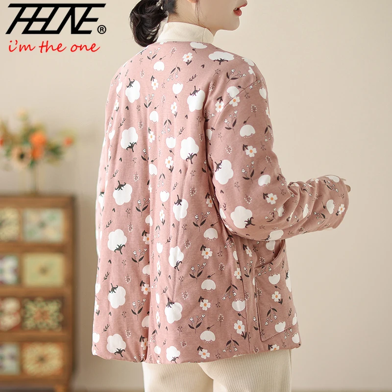 THHONE سترات شتوية سترات للنساء واحدة الصدر مبطن القطن الدافئة خمر طباعة الأزهار طويلة الأكمام معطف فضفاض ملابس خارجية