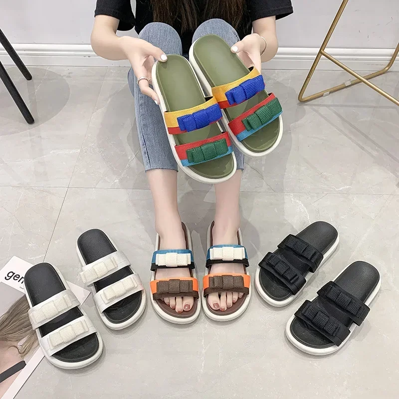 Sandal wanita musim panas, sandal luar ruangan sol tebal, mode, busur Ins, musim panas, sandal wanita memblokir warna jala berongga