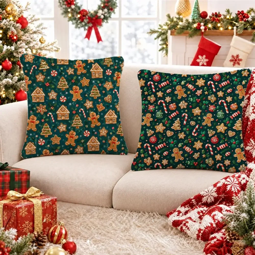 Cute Art Christmas Gingerbread Man Candy Cane Scatter Cushion Cover Short Plush Pillowcase, Sofa Bedroom Home Decor
