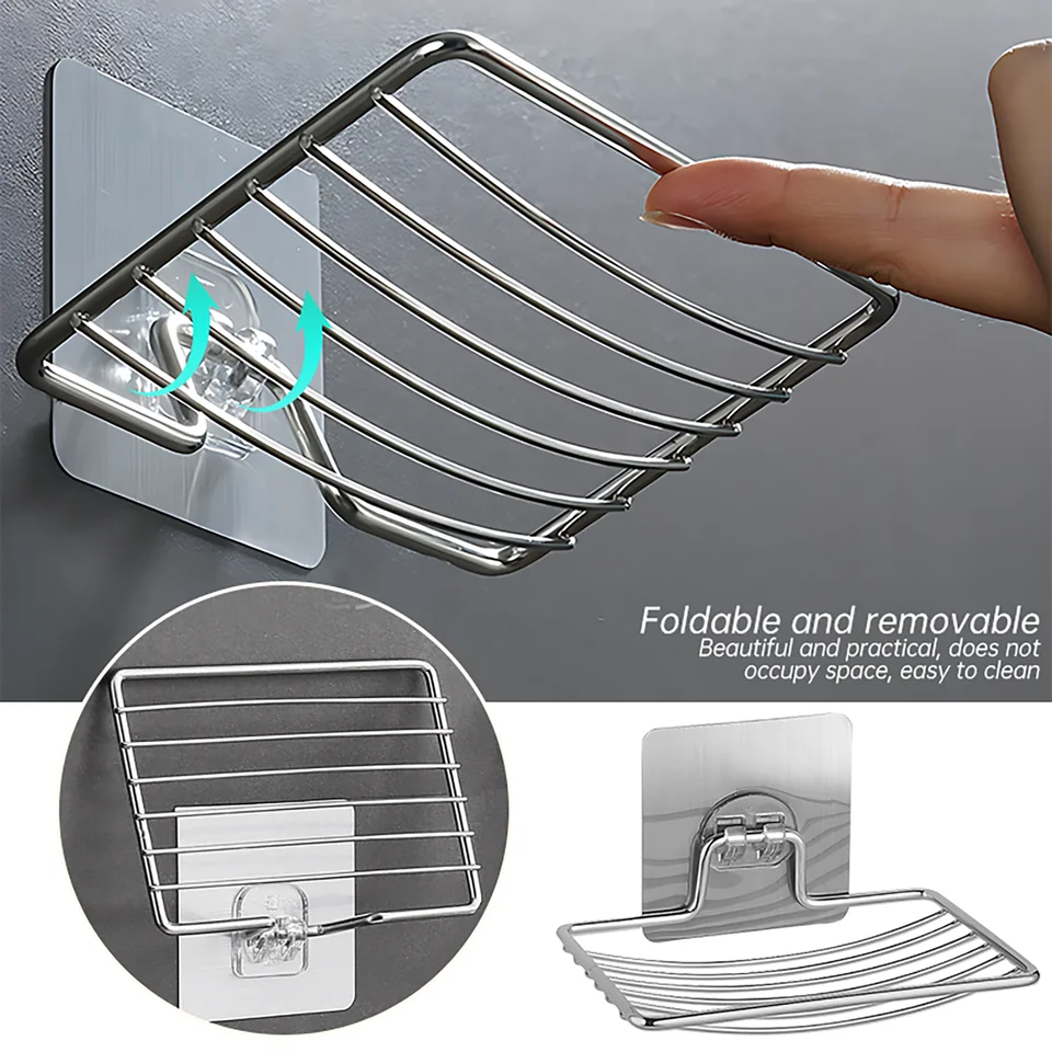 Stainless Steel No Punching Soap Holder Bathroom Wall-Mounted Soap Dish Holder Self Adhesive Kitchen Spong Storage Rack