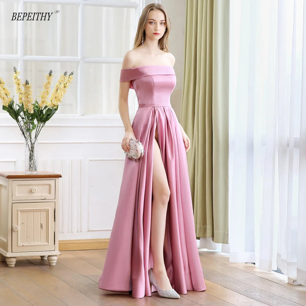 

BEPEITHY A-line Robe De Soiree Pink Off The Shoulder Formal Occasion dresses High Slit Sexy Prom Dresses 2023 Robes De Cocktail