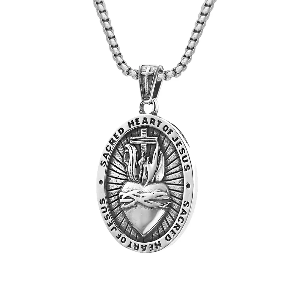 Fashion Vintage Sacred Heart of Jesus Necklace for Men Women 316L Stainless Steel Religious Cross Pendant Biker Amulet Jewelry