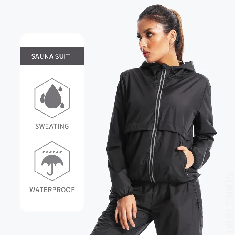 Sauna Suit Women Black Gym Clothing for Sweating Weight Loss Female Zipper Jacket Slimming Full Body Tracksuit Fitness Pants