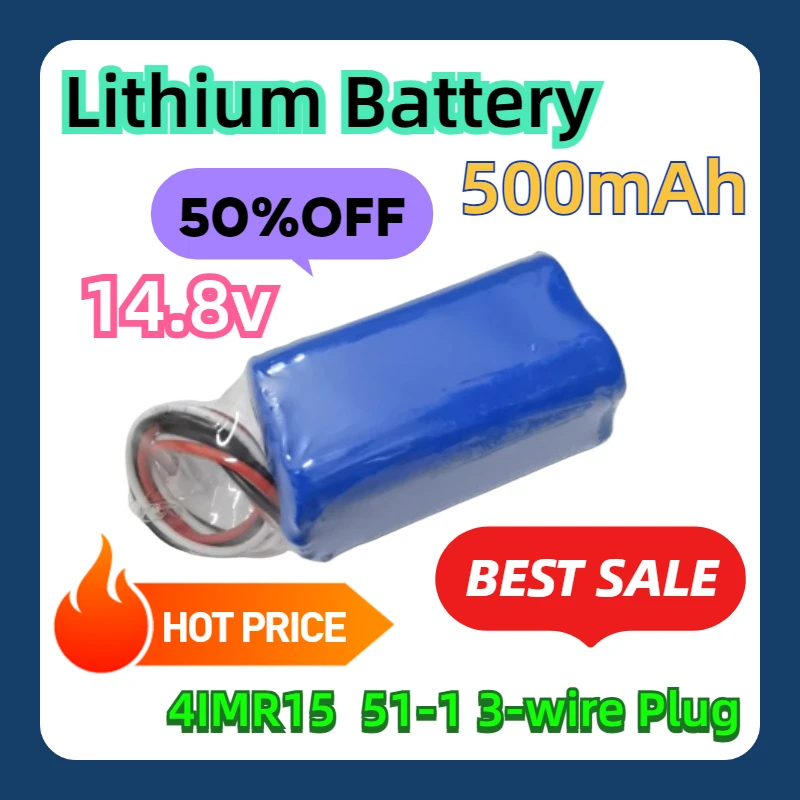 Rechargeable Lithium Battery Pack 14.8v 500mAh 7.4Wh 4IMR15  51-1 3-wire Plug