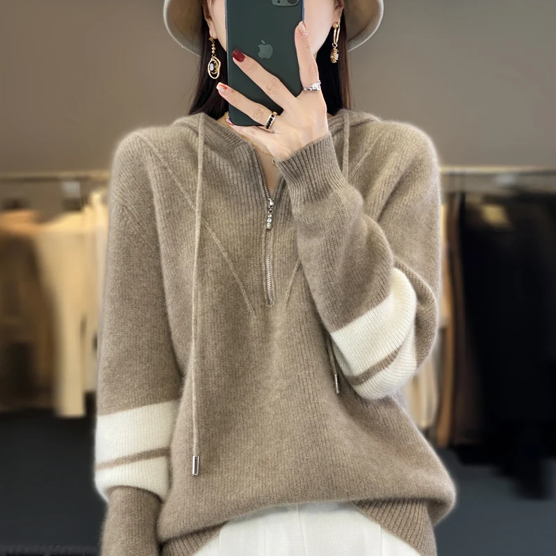 Autumn and Winter 2023 New Women's Cashmere Sweater 100% Wool Hoodie Knitted Pullover Loose Korean Fashion Thickened Top