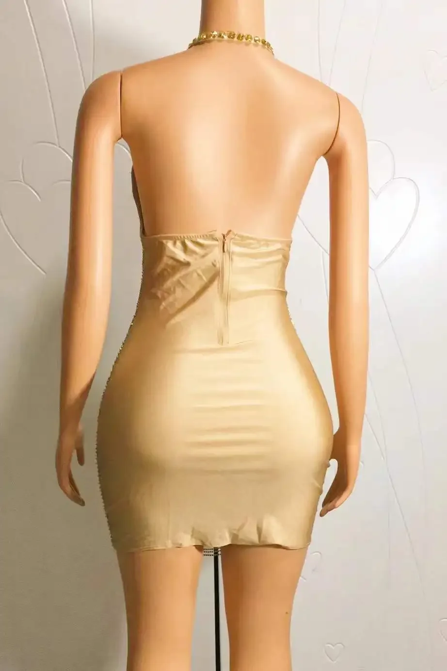 Błyszcząca seksowna sukienka bez pleców z łańcuszkiem i kryształkami dla kobiet Impreza Urodziny Występ na scenie Kostium królowej Rave Festival