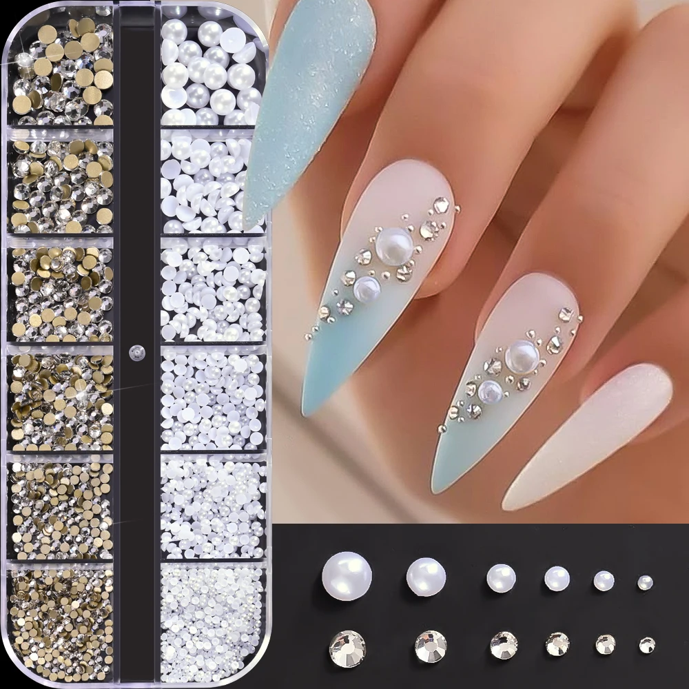 12Grid Shiny Silver Half Round Metal Caviar Bead Nail Rivets Charms 2/3/4/5/6/8mm Flatback Pearl Balls Nail Art Studs Y2k Decora