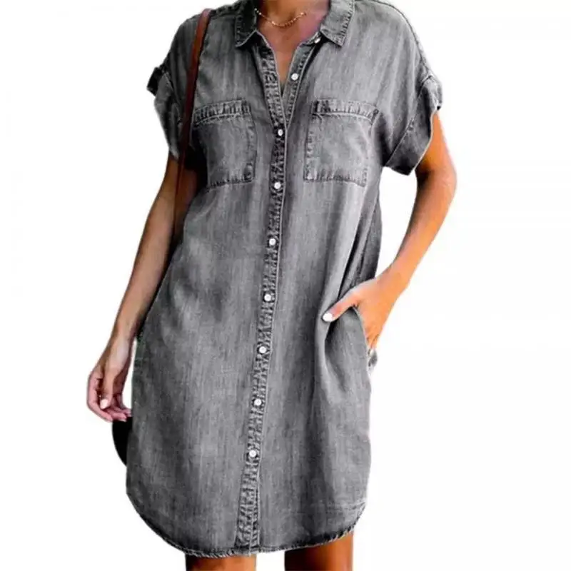 European and American lapel short sleeve slim fit dress denim shirt dress female