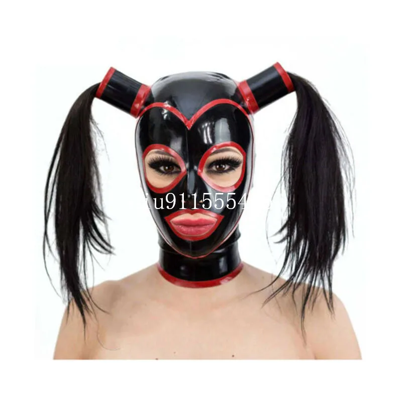 Latex Hood with Two Pigtail Tubes and Contrast Trim Back Zip for Casuit Cosplay Party