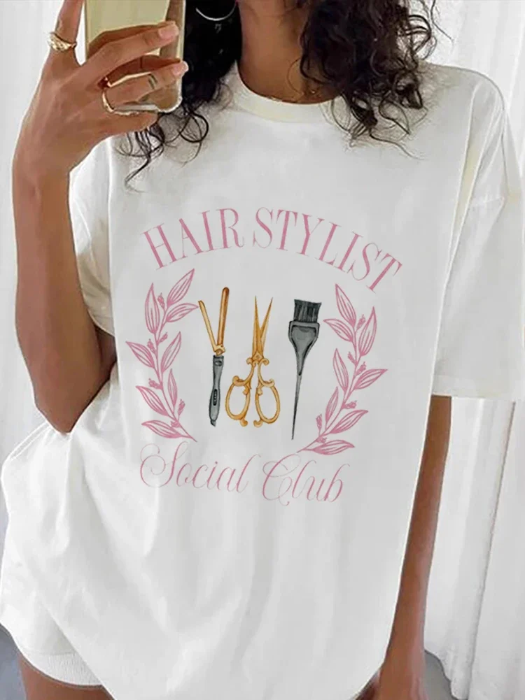 

Fashion Clothing Hairstylist Printed Fun Pattern T-Shirt O-Neck Women's Short Sleeved Cute Versatile Style Clothing T-Shirt.