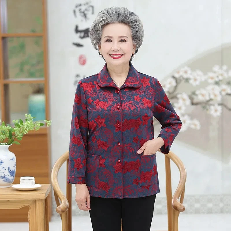 5XL Elderly Women Blouse 2023 Spring Autumn Long Sleeves Print Mother Shirts Casual Cardigan Tops Grandmother Blusa Shirt W564