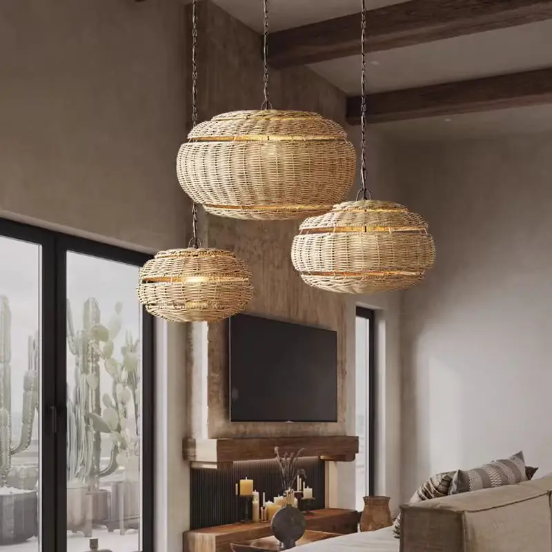Southeast Asian Rattan Lantern pendant Light Hand-Woven Lamps Restaurant Dining Room Rustic Counter Kitchen Island Lights