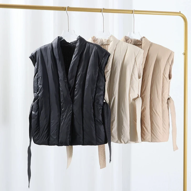 Schinteon feminino pato branco para baixo tricô lã colete outono inverno quente sem mangas jaqueta estilo coreano luxuoso topo 2025 novo