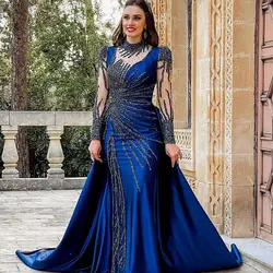 Blue Beads Sequined Evening Dresses Luxury Long Sleeves Sweep Train Mermaid Gowns Elegant Formal Party Prom Dress Customize