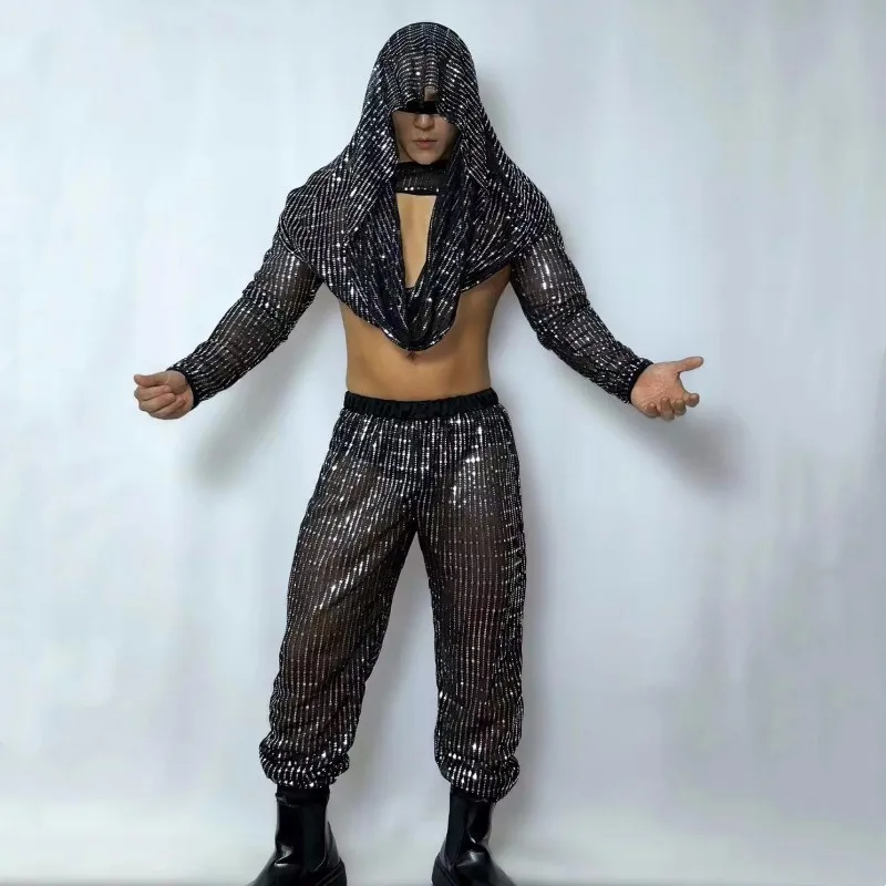 Bar Nightclub Gogo Show Party Rave Outfit Sexy Transparent Sequins Tops Pants Egyptian Style Set Male Dancer Stage Costume