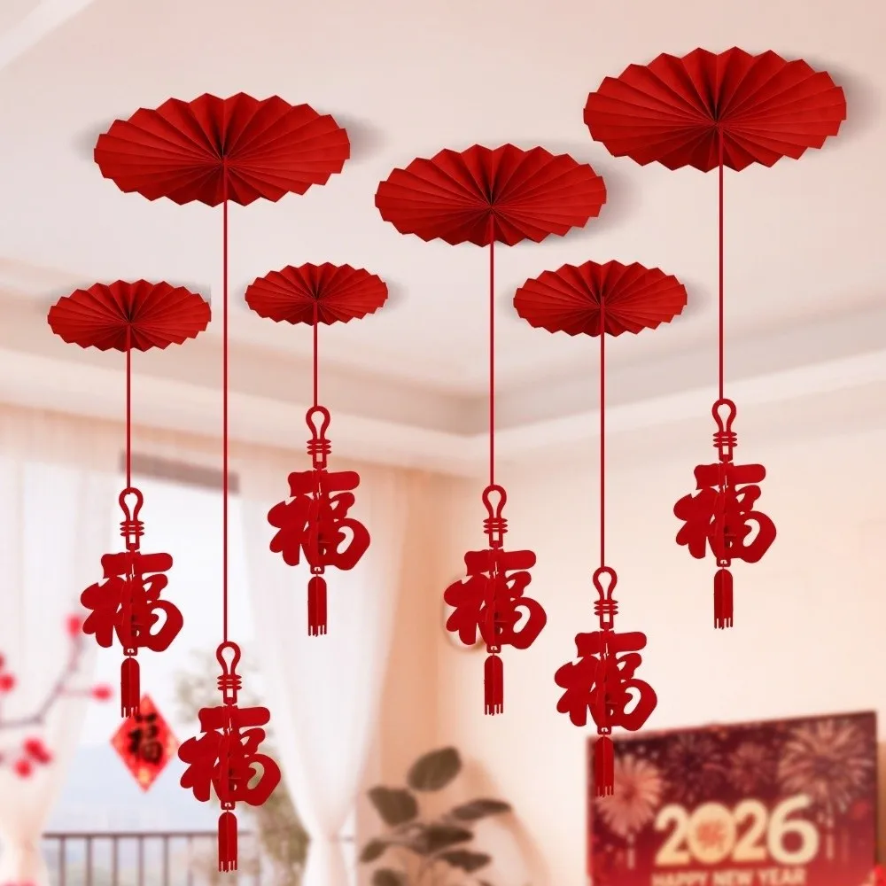 

12pcs FU Character New Year Pendant Paper Craft Background Decor Ceiling Hanging Ornament DIY Red Color Hanging Decor