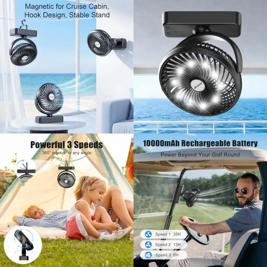 

10000mAh Magnetic Cruise Golf Cart Fan, Camping Fans with Hook, Ultra-Compact Travel Fan for Sleeping, Work Light Tool Gifts fo