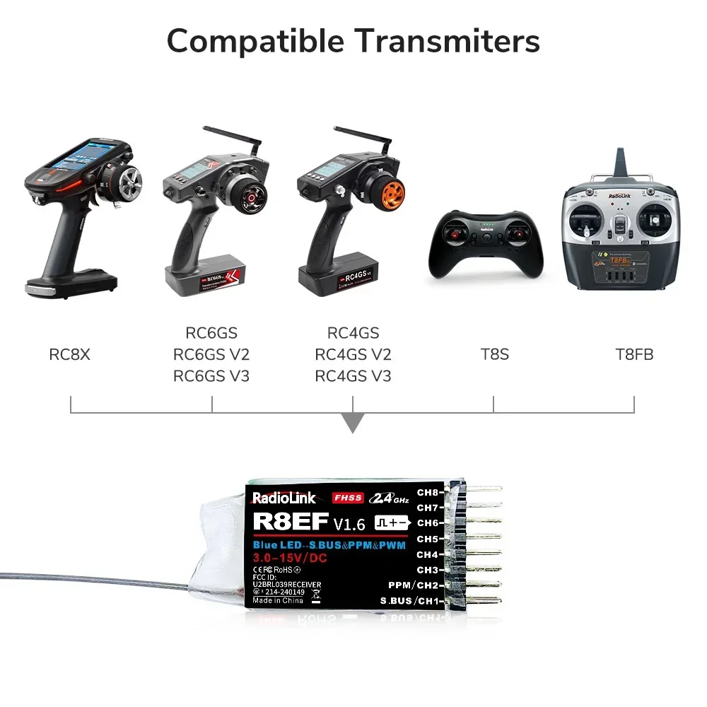 Radiolink R8EF receptor de 8 canales 2,4G soporte SBUS PPM PWM para 8CH T8FB T8S RC3S RC4G RC4GS RC6G transmisor RC coche barco avión