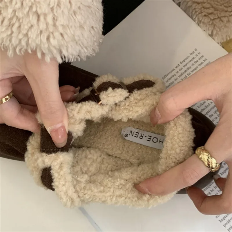صوف الضأن الداخلية حذاء مسطح أقدام الصوف الدافئة الثلوج الأحذية جولة رئيس مشبك منصة أحذية قطنية تقليد الجلد المدبوغ 35-39 أحذية نسائية #2