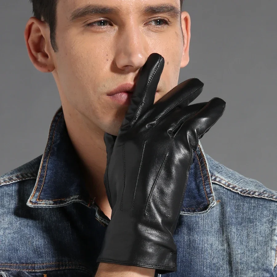 GOURS Winter Real Leather Gloves Men Black Genuine Goatskin Gloves with Fleece Lining Warm Soft Fashion New Arrival GSM0018