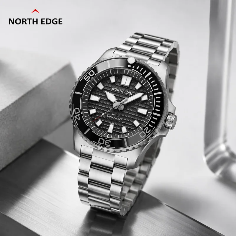 NORTH EDGE 2026 NEW ABYSS Solar Powered Dive Quartz Luxury Watch 200M Waterproof Dive Sports Watches 316L Steel 180+ Day Power