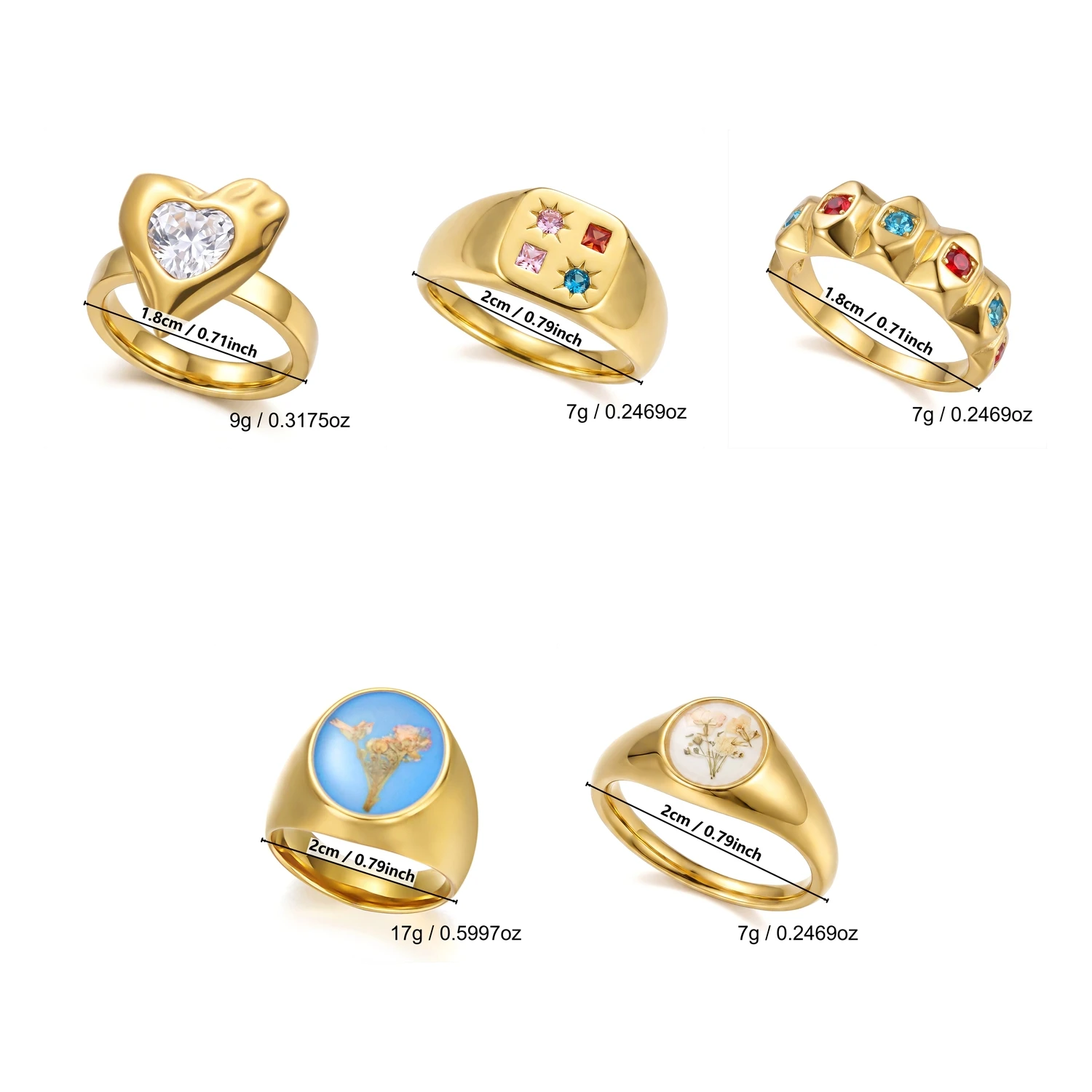 Vergoldeter Edelstahlring für Damen mit bunten Zirkonia-Steinen, unregelmäßigem Herz-, Quadrat- und Blumenmuster, verstellbar, Statement-Schmuck, Geschenk – Detail 3