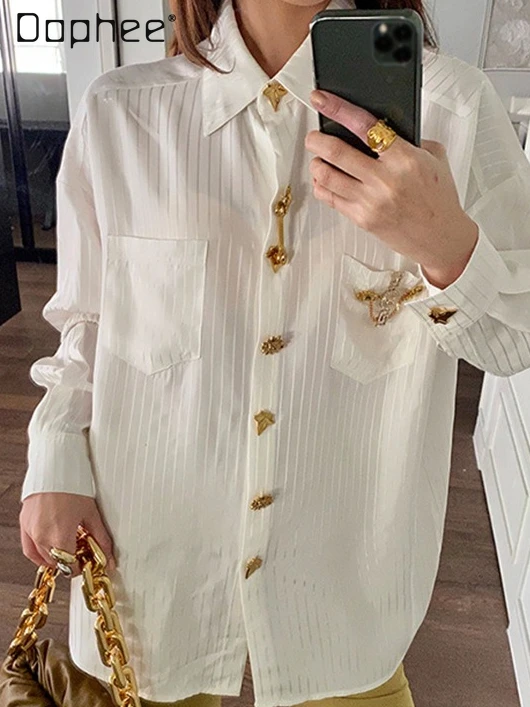 

Retro Temperament Celebrity Long-sleeved Shirt Woman Summer Office Lady Striped Metal Buckle Lapel Loose Elegant Blouse Women