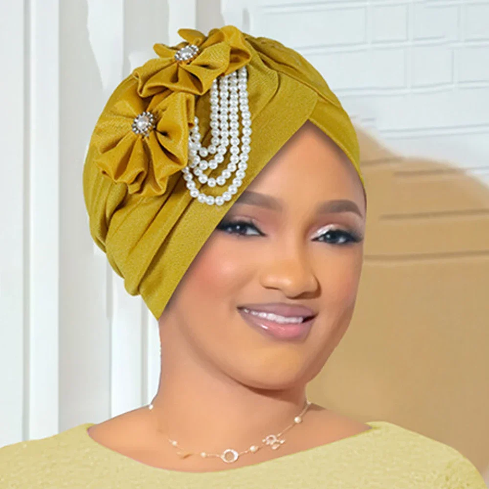Nouvelle fleur perle perles Turban femmes musulman foulard Hijab Bonnet chimio casquette perte de cheveux tête enveloppement Femme chapeaux Turbante Mujer