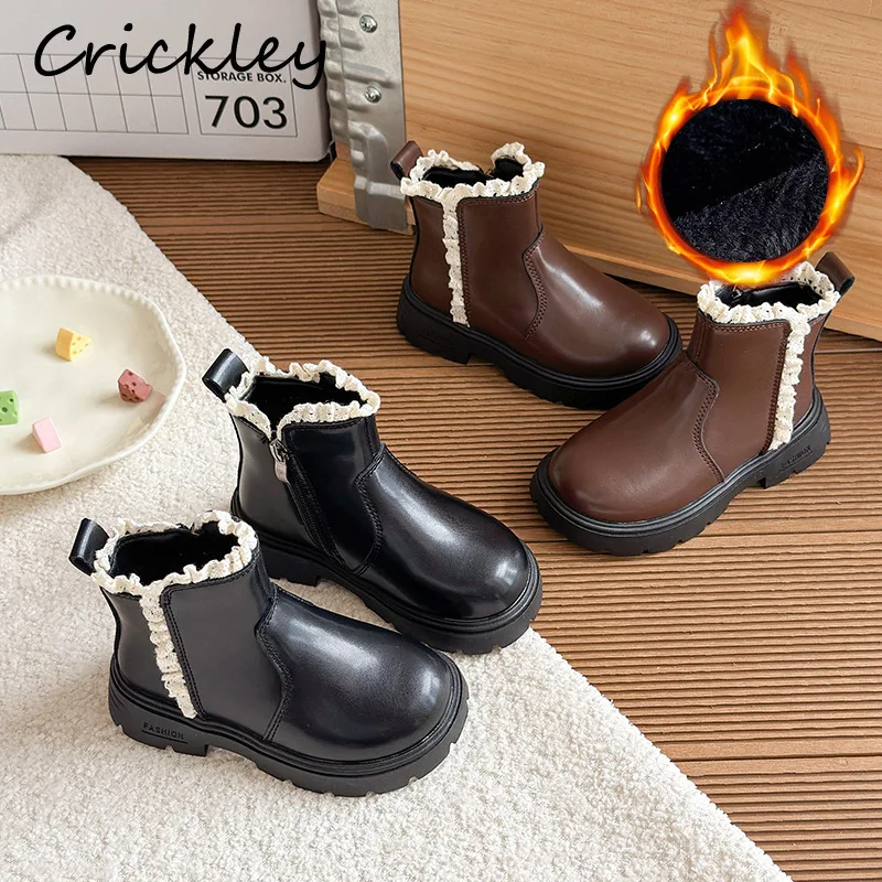 

Winter Solid Ruffles Lace Children Princess Boots Solid PU Zip Girls Fashion Boots Short Plush Warm Ankle Kids Chelsea Shoes