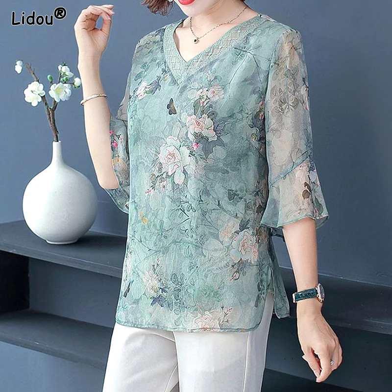 

2023 New Women's Clothing Floral Elegant Korean Thin Summer Casual Loose Pullovers V-neck Elbow Sleeve Fashion Printing T-Shirts