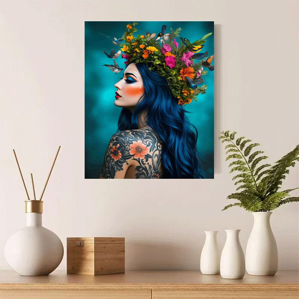 1PC-Unframed Canvas poster wall decoration  Blue Hair Woman Floral Crown Birds Tattoo Art Poster