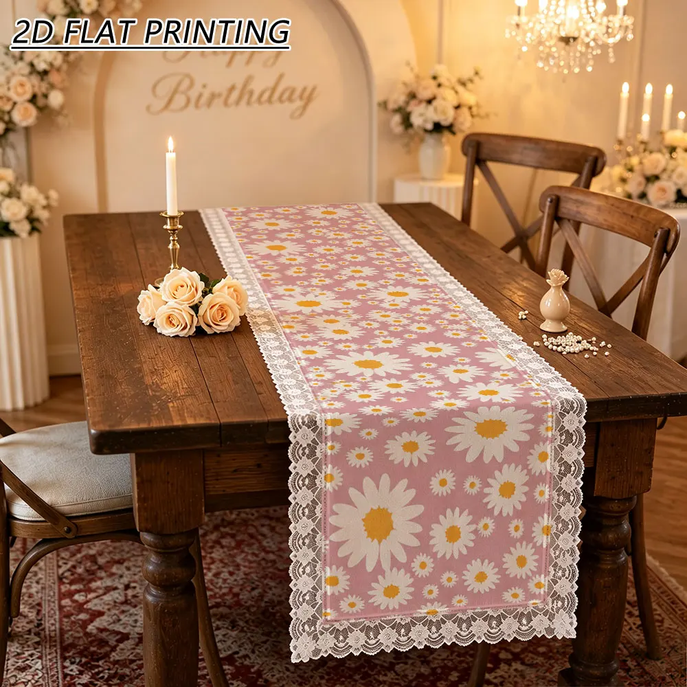 1pc Pink Daisy Floral Pattern Tulle Lace Table Runner For Home Spring Wedding Dining Table Decor