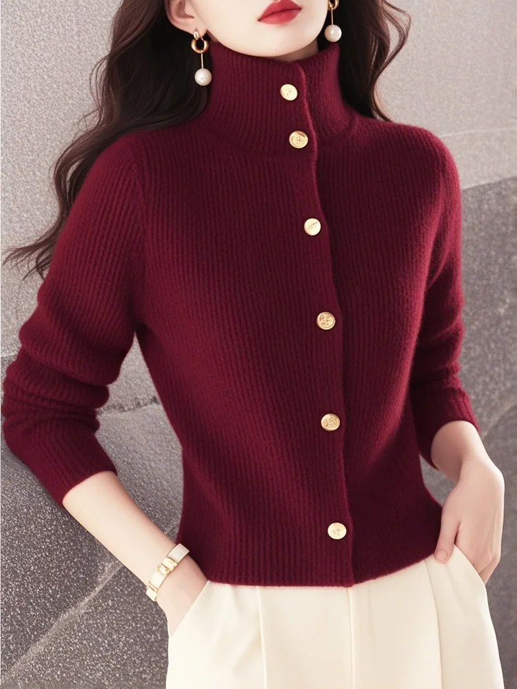 Autumn Winter Women Clothing Women's Red High Neck Knit Sweater Lazy Luxe Feel Elegant Chic Pullover Tops