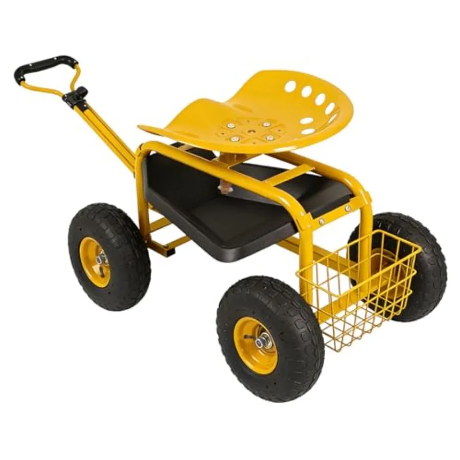 Garden Cart Rolling Workseat Gardening Stool with Wheels for Planting, Wagon Scooter with Steering Handle and Utility Tool Tray