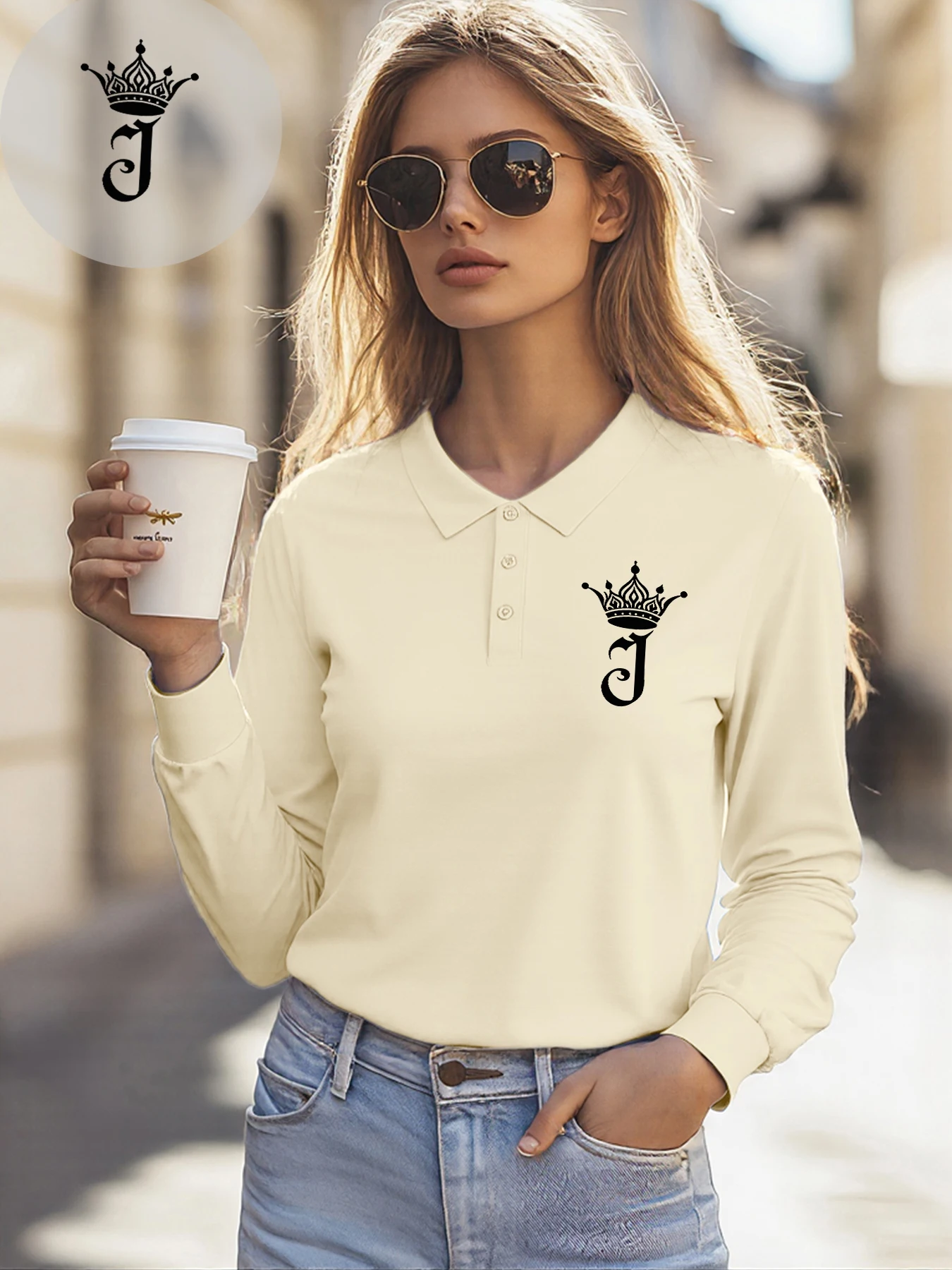

Crown Letter J Simple Design Y2K Women Polo Shirt Business Lapel Shirts Culture Hip Hop Woman Clothing Soft Golf Long Sleeve