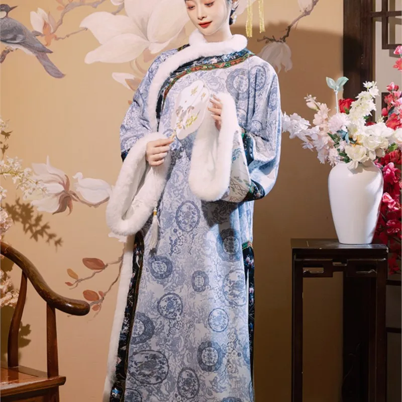 Qing y Han-tapeta larga forrada de forro polar para mujer, ropa de abuela joven, ropa de dinastía a cuadros, bordado pesado, Pingyao Jinshang