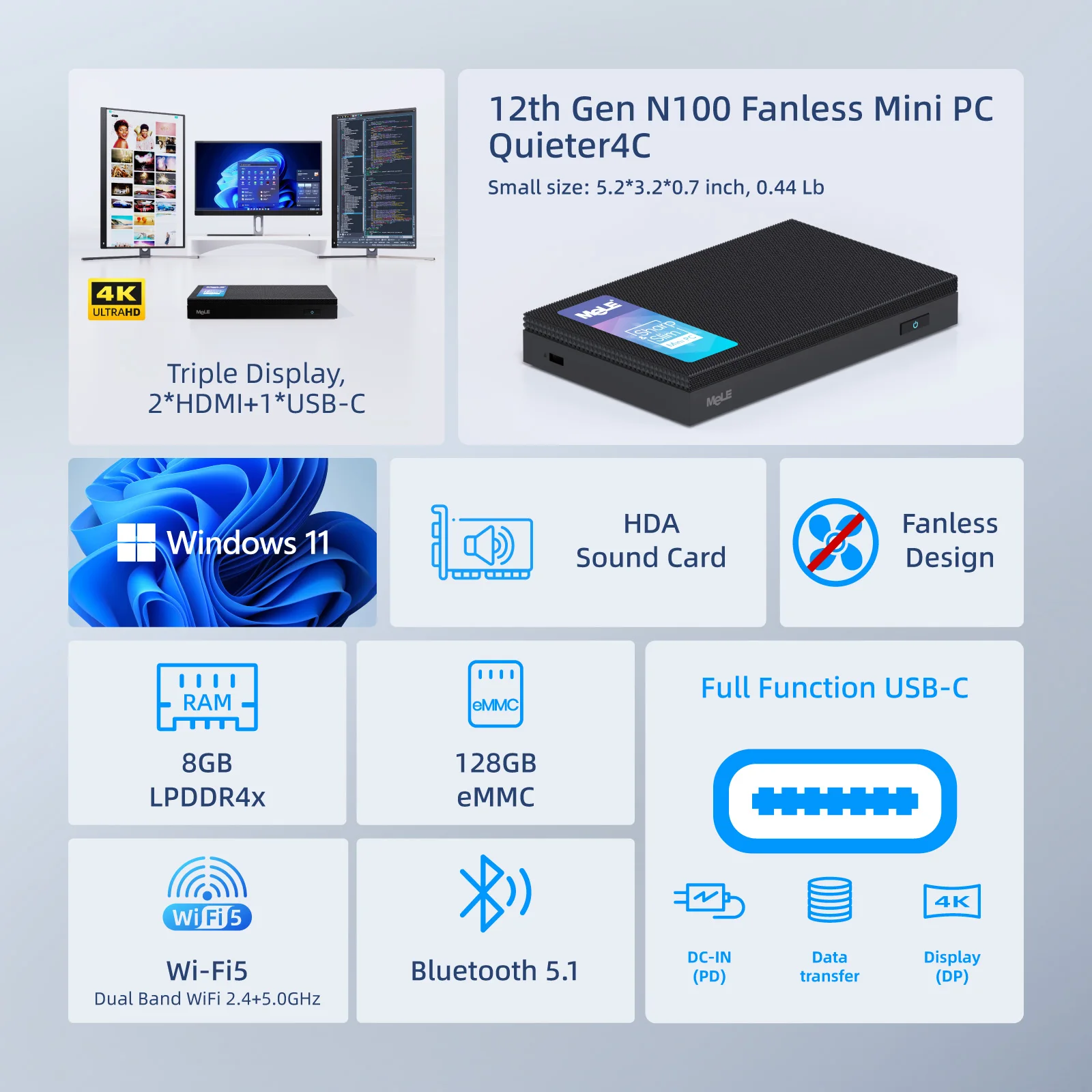 MeLE Mini PC Quieter 4C 12th Gen N100، كمبيوتر بدون مروحة، ذاكرة وصول عشوائي 16 جيجابايت، 512 جيجابايت، كمبيوتر ألعاب Win 11 Proll USB Type C 4K Three Display