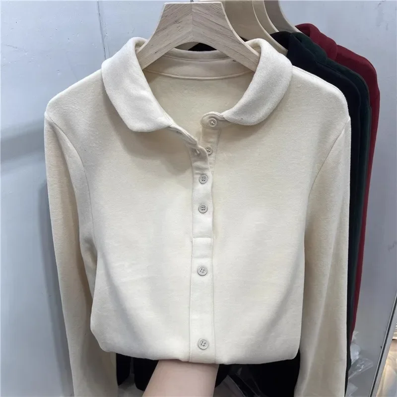 European Style Sensibility Lapel Button Pullover Thickened Double-Sided Fleece Small Shirt Women's Autumn/Winter New Unique Base