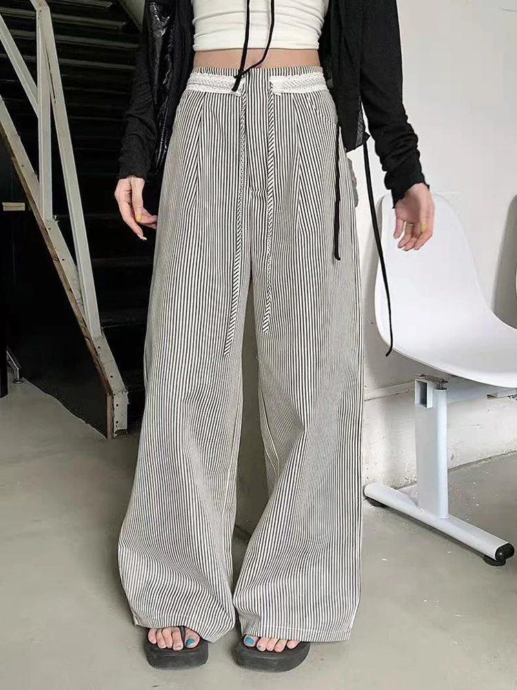 Lace Patchwork Striped Wide Leg Pants Women Summer Loose Streetwear Casual Pants Y2K Fashion All Match Preppy Straight Trousers