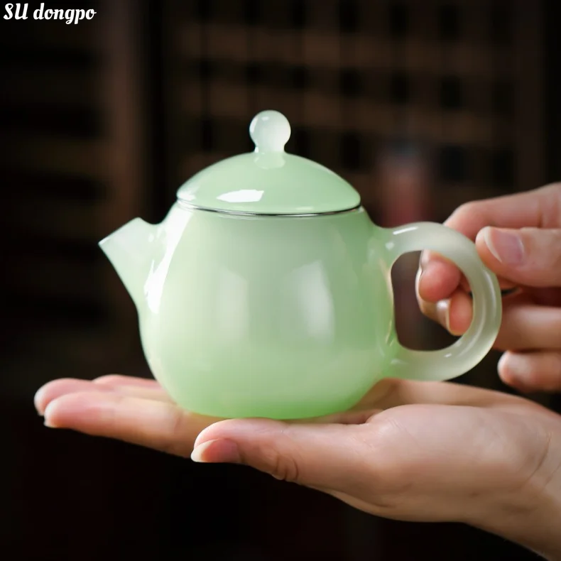

160ml Small Glass Dragon Egg Pot with Filter Green Jade Porcelain Lustrous Glaze Teapot,Loose Leaf Tea Brewer