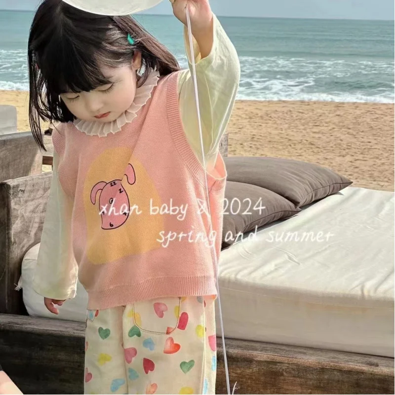 

Kxkm-Girls' spring clothes2024New Cute Doll Shirt+Pink Vest+Love Straight-Leg Pants Net Red and Western Style Three-Piece Set