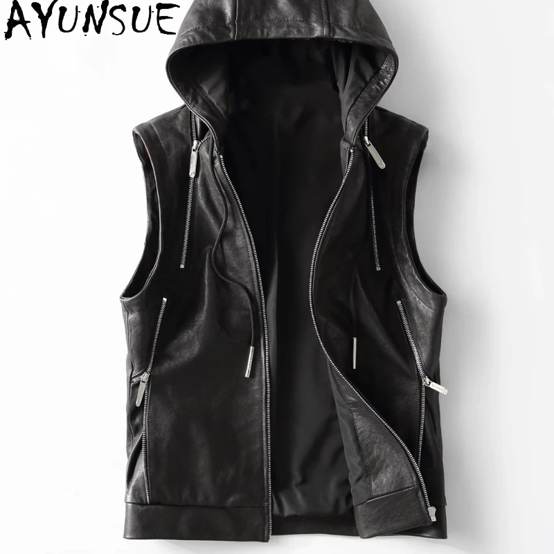 

AYUNSUE Genuine Man Leather Jacket Hooded Vest Short Sleeveless Waistcoat Vegetable-tanned Sheepskin Leather Jackets veste homme