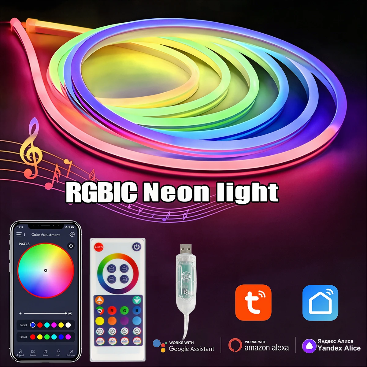 WiFi RGBIC Neon LED Strip Lights APP Control Music Sync DIY Mode IP67 Waterproof Cuttable Flexible Neon Tape for Home Decoration