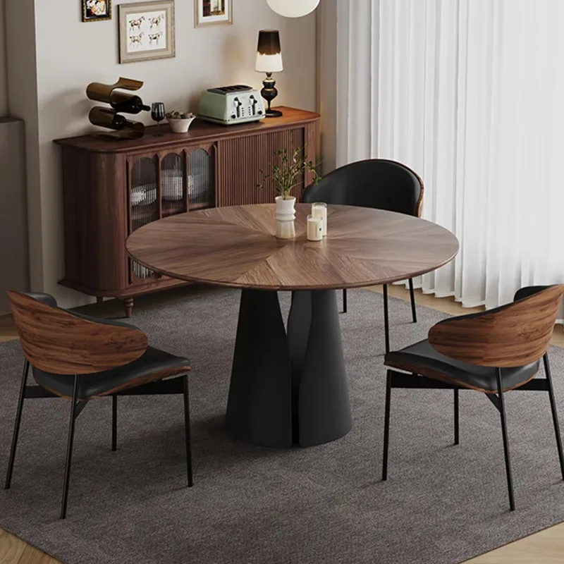 

High End Wooden Dining Table With Chairs Retro Style Designer Round Dining Table Set Light Luxurious Dinner Table For Home Use