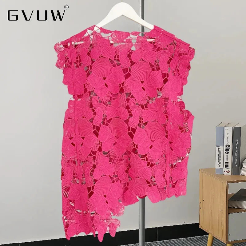 GVUW Hollow Women Shirt Women Round Collar Sleeveless Irregular Hem Solid Color New 2024 Versatile Female Clothing 17G7387