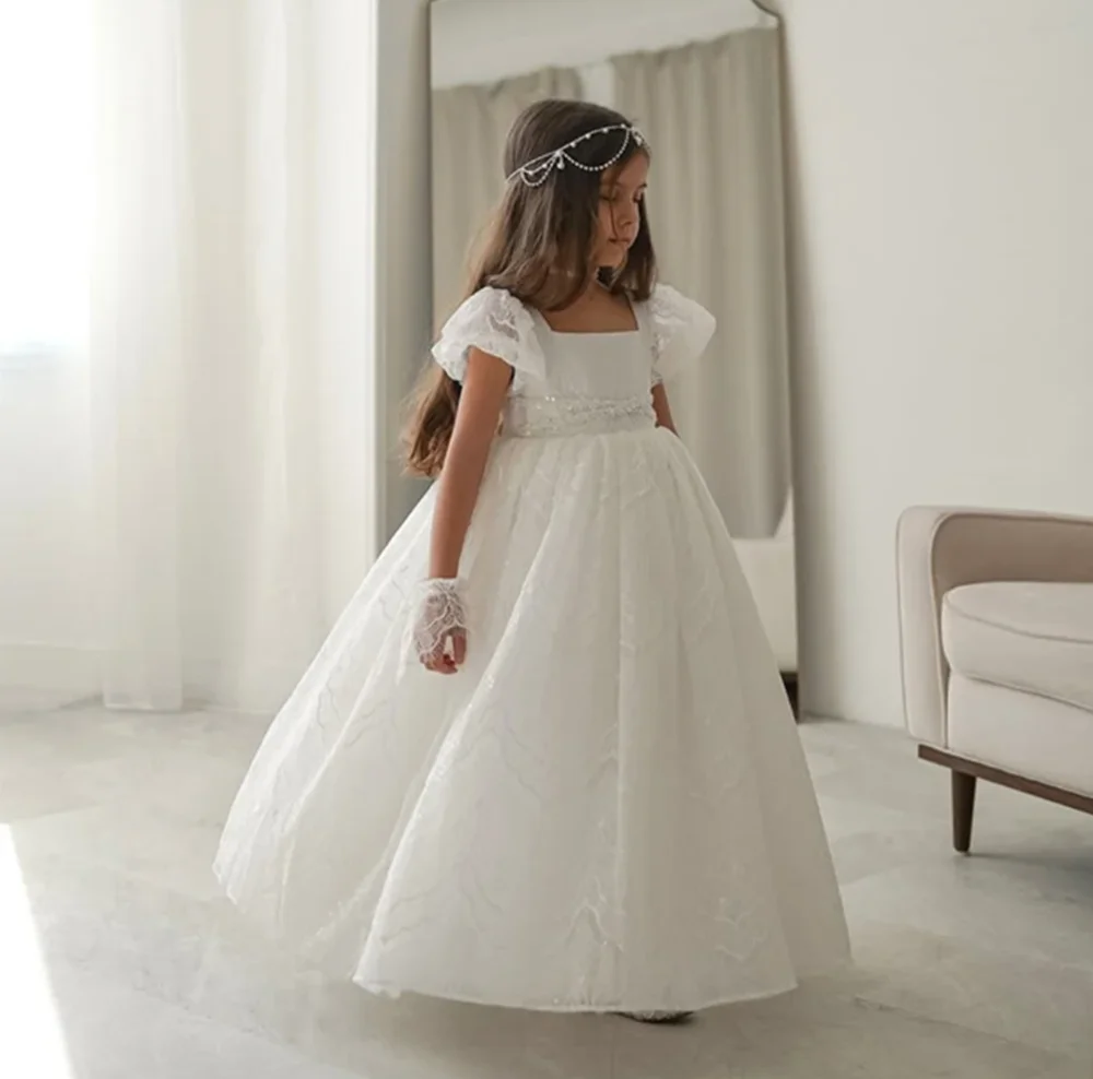 

Lace Applique Square Neck Short Puff Sleeve Luxury Sequined A Line Ankle Length Long Ball First Communion Dress Customized