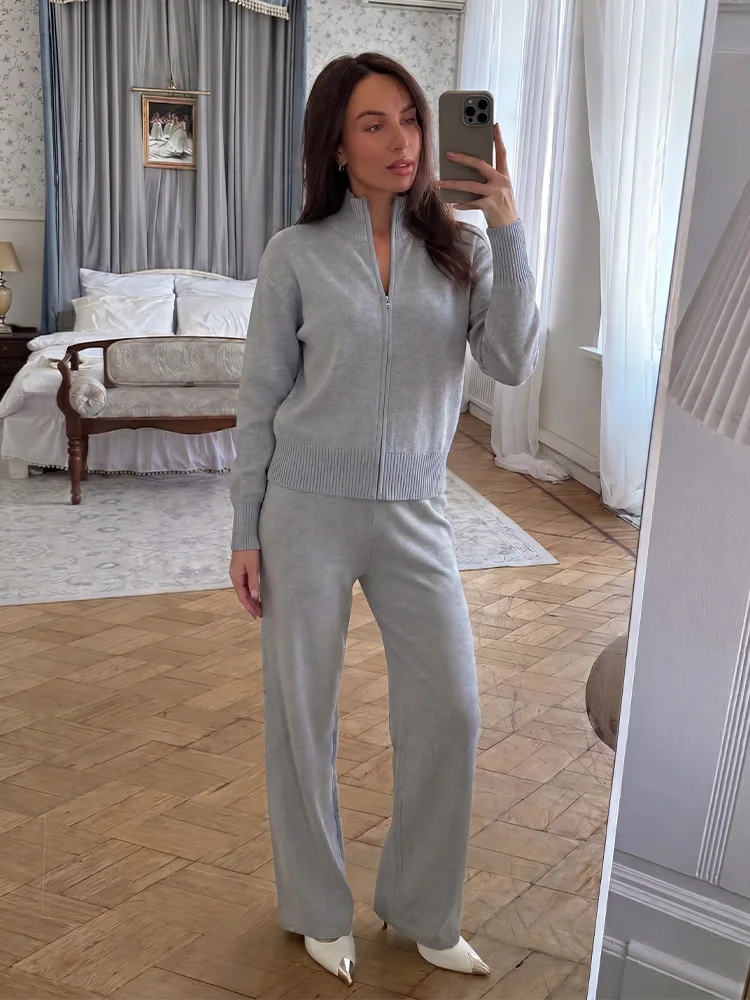 Autumn and Winter Women Knitted Pants Suit Fashion Sweet Solid Thick Warm Cardigan Sweater Casual Knitted Wide Leg Pants 2pcs